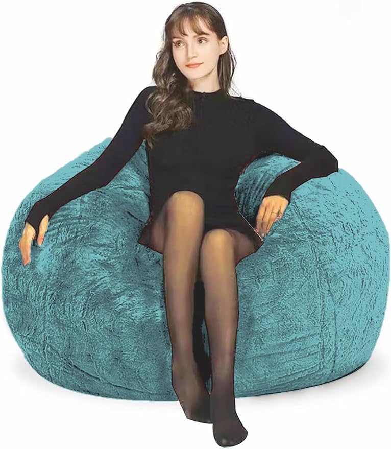 Bean Bag Chair for Adults Kids Without Filling Comfy Fluffy Round Beanbag Couch Lazy Sofa Cover for Reading Chair Floor Chair, 3.5FT, Peacock Green