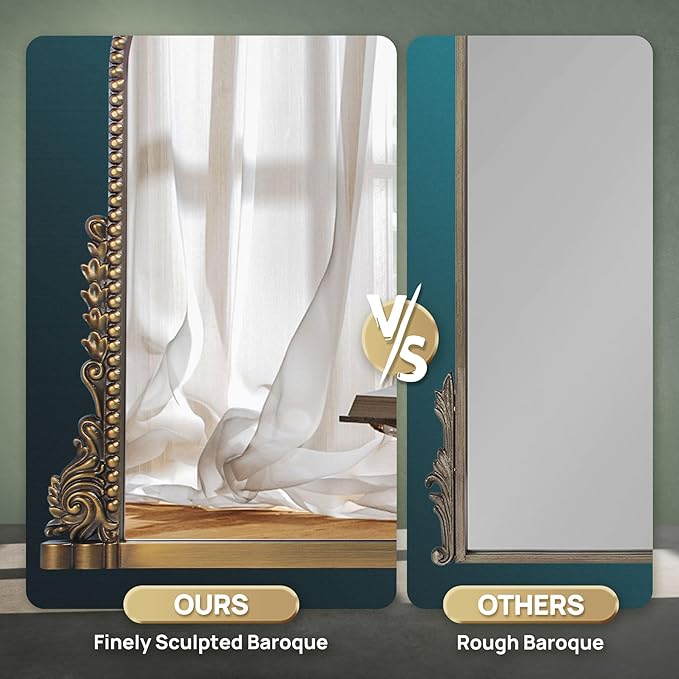 36"x23" Vintage Baroque Arched Wall Mirror, Ornate Antique Brass Wood Frame Decorative Mirror, Large Victorian Style Bathroom Mirror for Living Room, Fireplace, Entryway & Hallway
