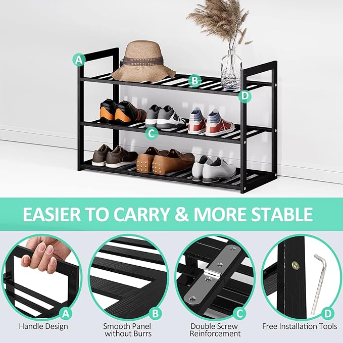 Bamboo Shoe Rack for Entryway, Stackable 3 Tier Shoe Organizer Shelf Storage 9-12 Pairs Shoes Stand Cubby for Closet Door Hallway Bedroom Garage Black, Thanksgiving