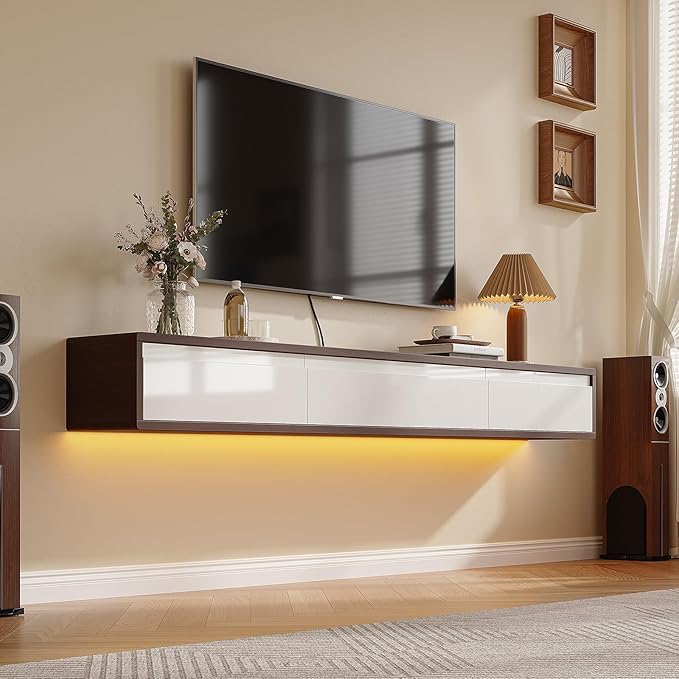 Floating TV Stand High Gloss,70'' Wall-Mounted TV Cabinet,Floating TV Console,Under TV Shelf with 3 Doors for Living Room Bedroom(Walnut+White)