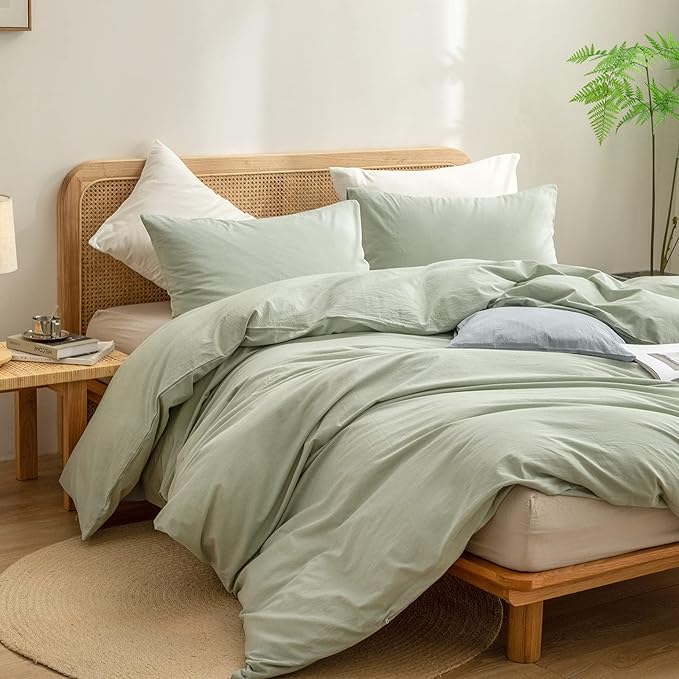 BESTOUCH Duvet Cover Set 100% Washed Cotton Linen Feel Super Soft Comfortable Chic Lightweight 3 PCs Home Bedding Set Solid Sage Green Super Queen