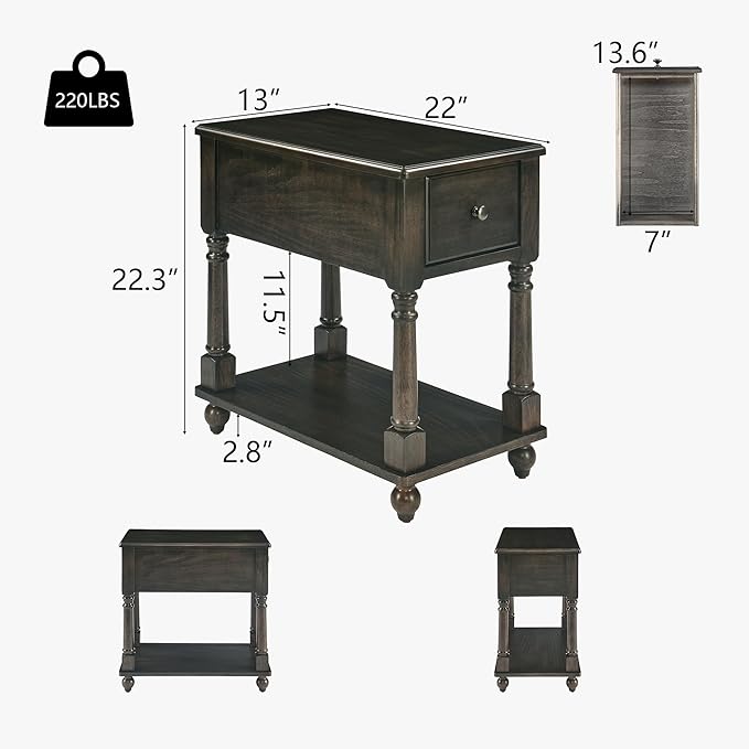 Narrow End Table with Drawer and Open Storage Shelf, Solid Wood Sofa Side Table for Living Room, Beside Table,Telephone Table for Small Spaces, No-Tools Assembly Vintage Black BBJ004BK