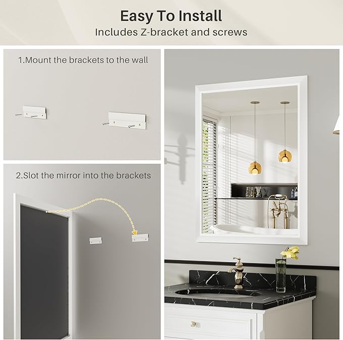 36x32 Inch White Bathroom Mirror for Wall, Thick Metal Framed Rectangle Mirrors for Over Sink, Bedroom, Living Room, Entryway, Anti-Rust, HD Tempered Glass