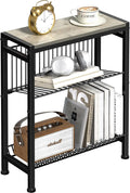 Narrow Side Table for Small Space, 3-Tier End Table with Magazine Holder, Slim Nightstand with Wire Shelf, Skinny Bedside Table in Living Room, Bedroom, Study, Kitchen and Balcony(Greige)