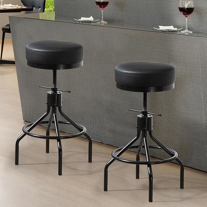 Adjustable Bar Stools Swivel Black Barstools Modern PU Leather 28inch Round Backless Counter Height Stool Metal Industrial Bar Chair for Kitchen Island (1, Black)