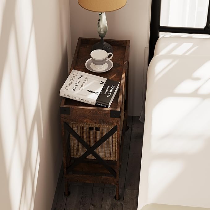 Narrow Side Table, Slim End Table with Charging Station for Small Spaces, with 2 USB and 2 Power Outlets, 21.7" L x 10" W x 21.7" H