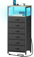 Seventable Night Stand with Charging Station, Tall Nightstand with 6 Fabric Storage Drawers, Side Table with LED Light for Bedroom, Entryway, Greige