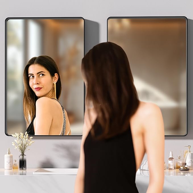 Hasipu 2 PCS Bathroom Mirror for Wall, 36 x 28 Inch Black Metal Framed Bathroom Mirrors for Over Sink, Rectangle Bathroom Vanity Mirror, Anti-Rust, Tempered Glass, Horizontal or Vertical