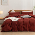 BESTOUCH Duvet Cover Set 100% Washed Cotton Linen Feel Super Soft Comfortable Chic Lightweight 3 PCs Home Bedding Set Solid Fired Brick Red Super Queen