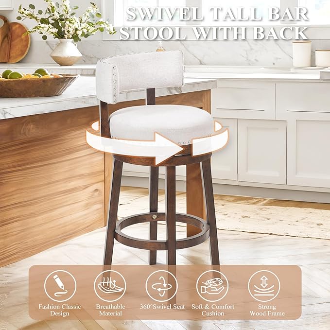 COLAMY Swivel Bar Stool, Swivel Bar Height Bar Stool, Modern Swivel Barstool with Back, Upholstered Wood Barstool for Kitchen Island Dining Room Bar, Beige, FM-4840-30-Beige-F