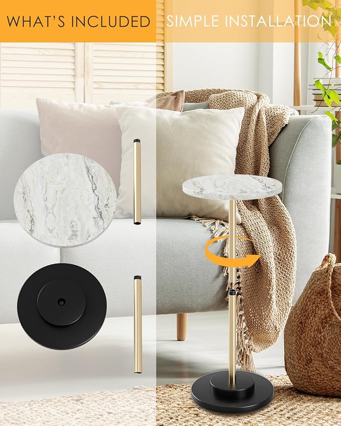 Round Side Table, Small Drink Table for Small Spaces, Modern Accent End Table Coffee Table with Metal Leg for Living Room, Bedroom, Corners, and Office (Marble)
