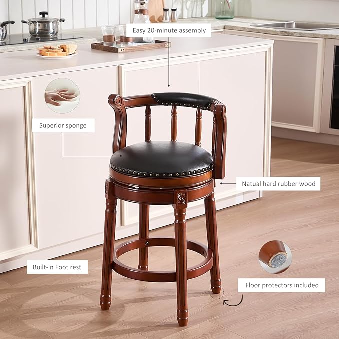 Cow top Leather Wooden Bar Stools, 360 Degree Swivel Bar Height Chair with Backs for Home Kitchen Counter, Morden Chair Barstools (Black, Bar Height-Seat Height 29.5”)