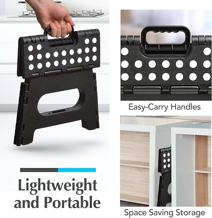 Handy Laundry Folding Lightweight Step Stool - Sturdy Enough to Support Adults and Safe Enough for Kids - Opens Easy with One Flip - Great for Kitchen, Bathroom or Bedroom (Black | 2-Pack)