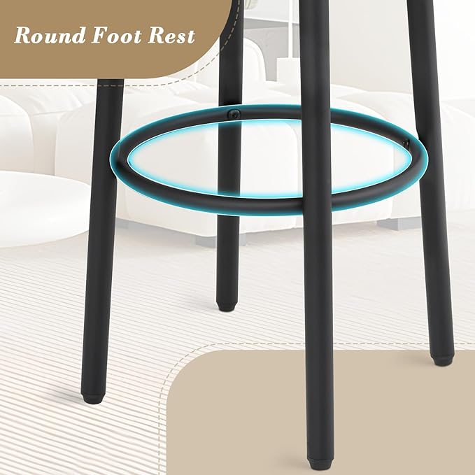 Athena Collection Bar Stools Set of 2, 25.5 Inches Round Counter Height Bar Stools Backless with Metal Legs and Footrest, Wood Barstools for Home, Kitchen Island, Counter, Brown