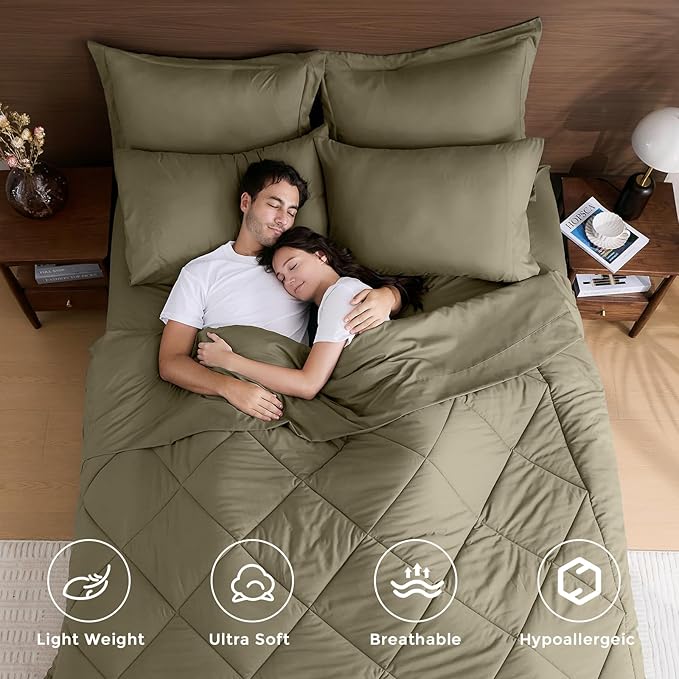 HEVUMYI Olive Green Queen Comforter Set - 7-Piece All Season Bed in a Bag Queen, Ultra Soft Bedding Set with Comforter, Flat Sheet, Fitted Sheet, Pillowcases, Pillow Shams, Olive Green