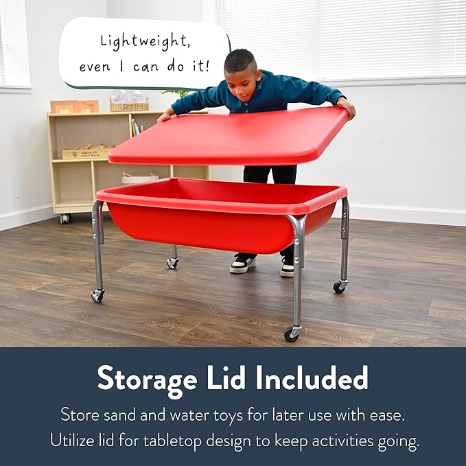 Children's Factory Medium Sensory Table – 24″ Height Table and Lid, Sandbox with Lid, Water Table for Kids, Red