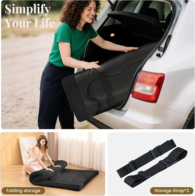 Japanese Floor Mattress, 4" Thicken Futon Mattress Full Size Sleeping Pad, Corduroy Foldable Floor Pad, Roll Up Tatami Mat for Adults Guest Room Bedroom, Black