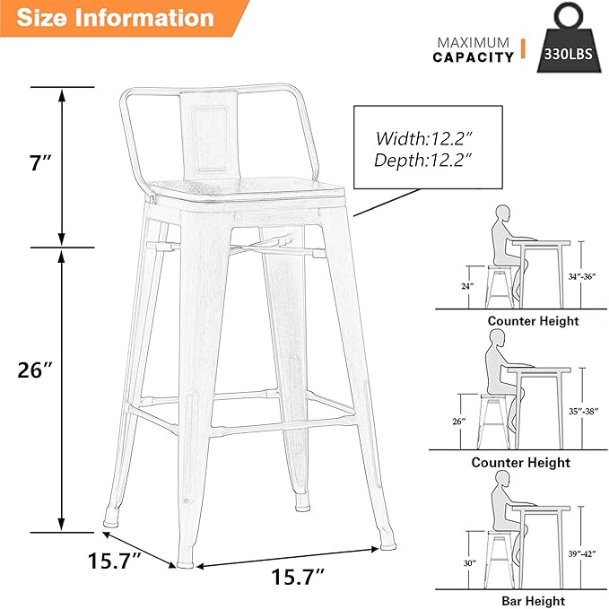 Yongchuang 26 inch Bar Stools Set of 4 Industrial Kitchen Counter Height Barstools with Wood Seat Metal Low Back Bar Chairs Gunmetal