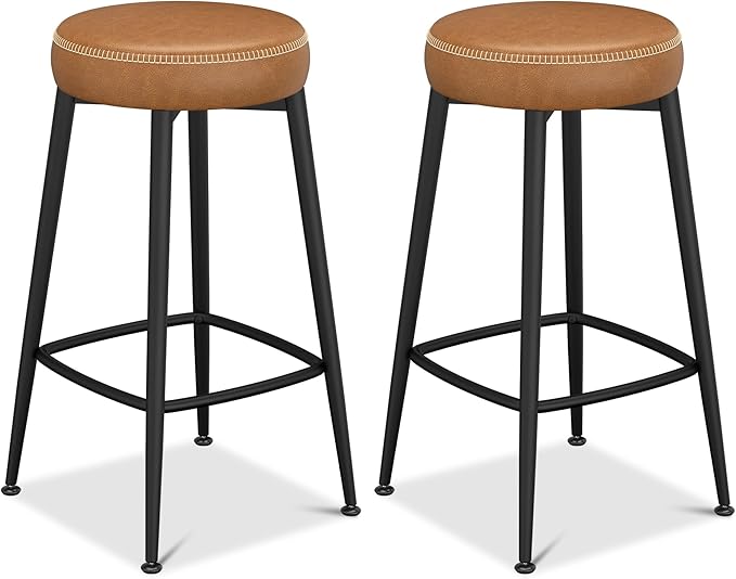 Counter Height Bar Stools, 26" H Backless Bar Stools Set of 2, Upholstered Faux Leather Kitchen Counter Stools, Mid Century Modern, Kitchen Island Home Bar, Pub, Caramel Brown