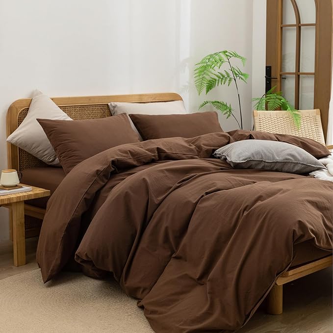 BESTOUCH Duvet Cover Set 100% Washed Cotton Linen Feel Super Soft Comfortable Chic Lightweight 3 PCs Home Bedding Set Solid Cocoa Brown Cal King