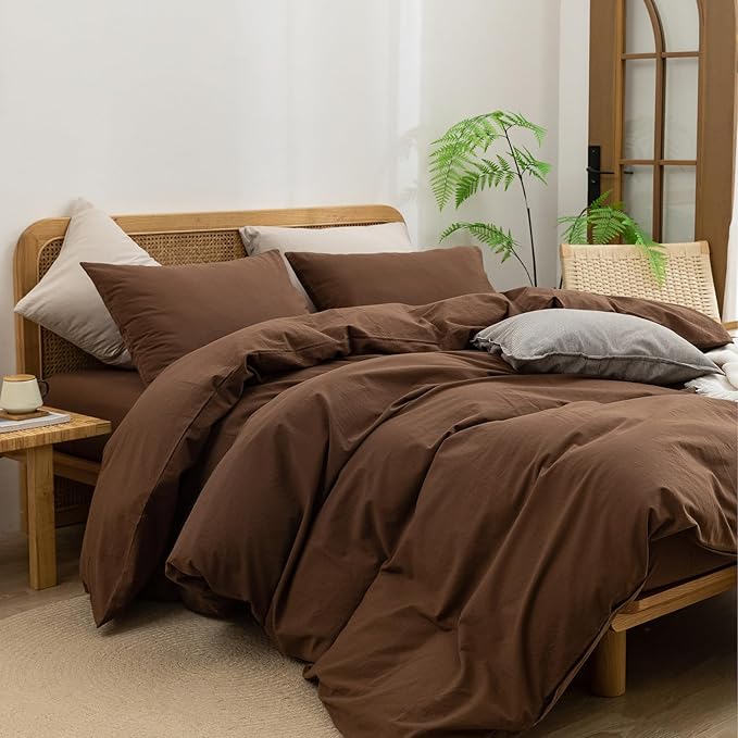 BESTOUCH Duvet Cover Set 100% Washed Cotton Linen Feel Super Soft Comfortable Chic Lightweight 3 PCs Home Bedding Set Solid Cocoa Brown Super Queen