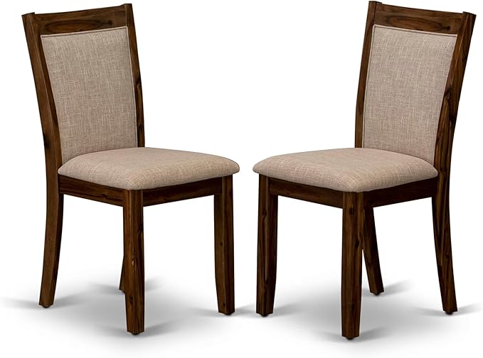 F7MZ5-50N-04 5-Pc Dining Table Set Includes a Pedestal Dinner Table and 4 Light Tan Polyester Fabric Parson Chairs with Padded Back- Antique Walnut