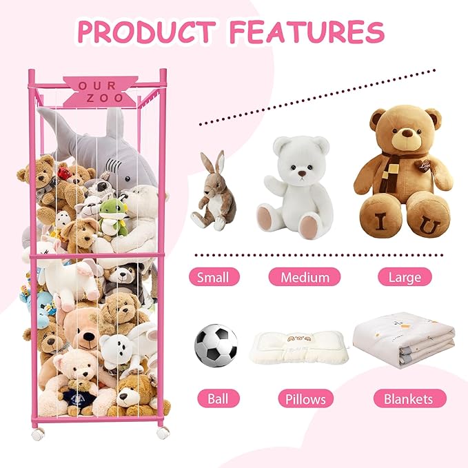 Stuffed Animal Storage Zoo with Wheels, Wooden Large Stuff Animals Plushies Holder Toy Organizer Kids Plush Storage Cage with Elastic Band and Net for Nursery Playroom Corner for Toddler (Hot Pink)