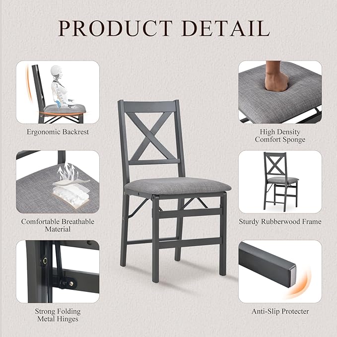 COLAMY Folding Dining Chairs Set of 2 – Dark Grey Upholstered Dining Room Chairs with Wooden Frame, Pre-Assembled, Space Saving Modern Kitchen & Dining Room Furniture for Small Spaces