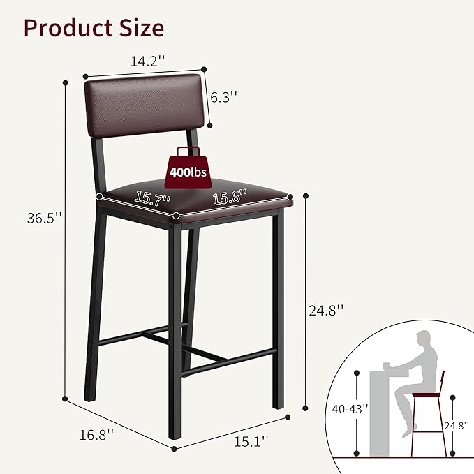 Garvee Bar Stools Set of 2, Kitchen Barstools with Thick Cushion, 25 Inch Counter Height Bar Stools with Backrest and Footrest, for Dining Room, Kitchen Island Counter Chairs, Retro Brown