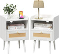 Nightstand Rattan with Charging Station, Mid Century Modern Bed Side Table, Boho End Table with Wood Legs, Bedside Tables for Bedroom Living Room (2, White, 11.8" D x 15.9" W x 23.4" H (1 Drawers))