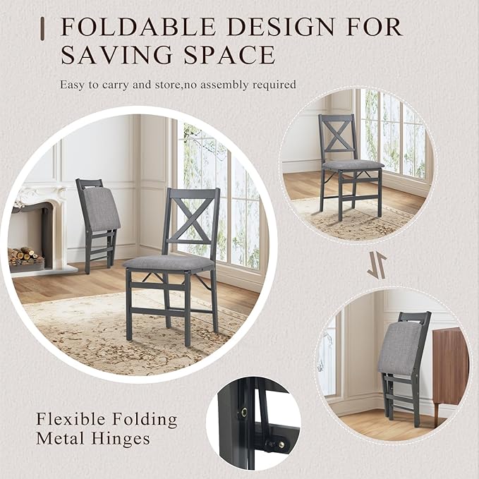COLAMY Folding Dining Chairs Set of 4 – Dark Grey Upholstered Dining Room Chairs with Wooden Frame, Pre-Assembled, Space Saving Modern Kitchen & Dining Room Furniture for Small Spaces