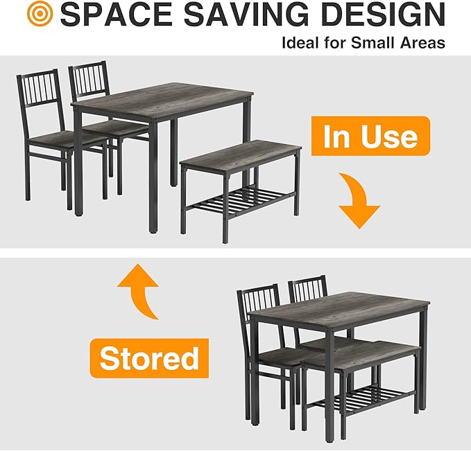 Teraves Dining Table Set for 4/Computer Desk,Kitchen Table with 2 Chairs and a Bench,Table and Chairs Dining Set 4 Picce Set for Dining Room (Black Oak+Black Frame,120CM)