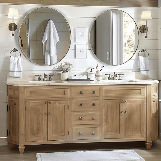 ANDY STAR Round Bathroom Mirror, 24’’ Brushed Silver Round Bathroom Mirrors in Stainless Steel Metal Frame 1" Deep Set Design