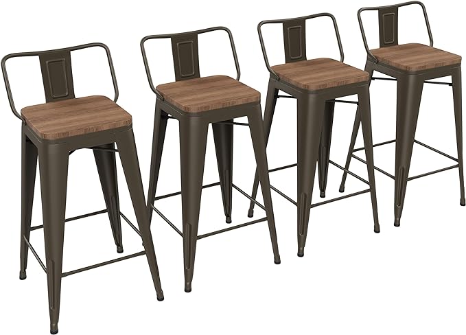 Yongchuang 26 inch Bar Stools Set of 4 Industrial Kitchen Counter Height Barstools with Wood Seat Metal Low Back Bar Chairs Gunmetal
