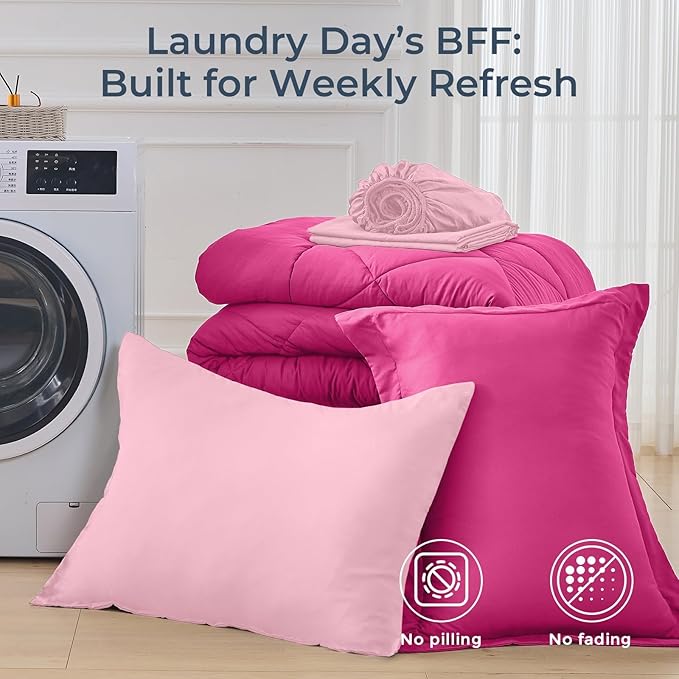 HEVUMYI Hot Pink & Baby Pink Twin Comforter Set - 5-Piece All Season Bed in a Bag Twin, Ultra Soft Bedding Set with Comforter, Flat Sheet, Fitted Sheet, Pillowcases, Pillow Shams