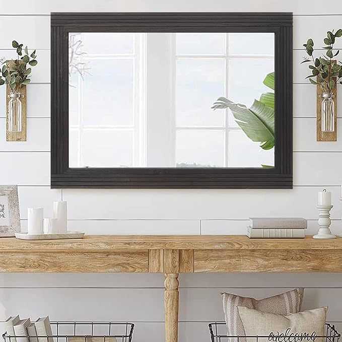 YOSHOOT Hand-Made Wooden Spliced Wall Mirror for Bathroom, Rustic Farmhouse Vanity Mirror, Décor Wall Art, Solid Wood Frame, Vertical or Horizontal Hanging, 72" x 36", Black