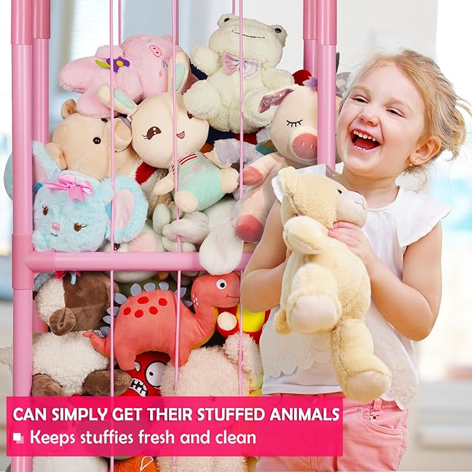 Stuffed Animal Zoo Storage Stuffed Animal Holder PVC Plush Storage Organizer Shelf with Elastic Band for Nursery Play Room Bedroom (Pink)
