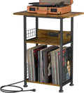 Record Player Stand with Charging Station, 3 Tier Turntable Stand with Storage Cabinet, Vinyl Storage End Table Hold Up to 200 Albums, Record Table for Vinyl, Living Room, 23.6" W x 15.7" D