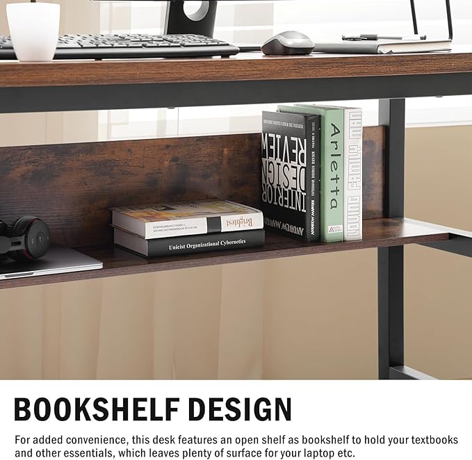 TOPSKY Computer Desk with Bookshelf/Metal Hole Cable Cover 1.18" Thick Desk (Oak Brown, 63")