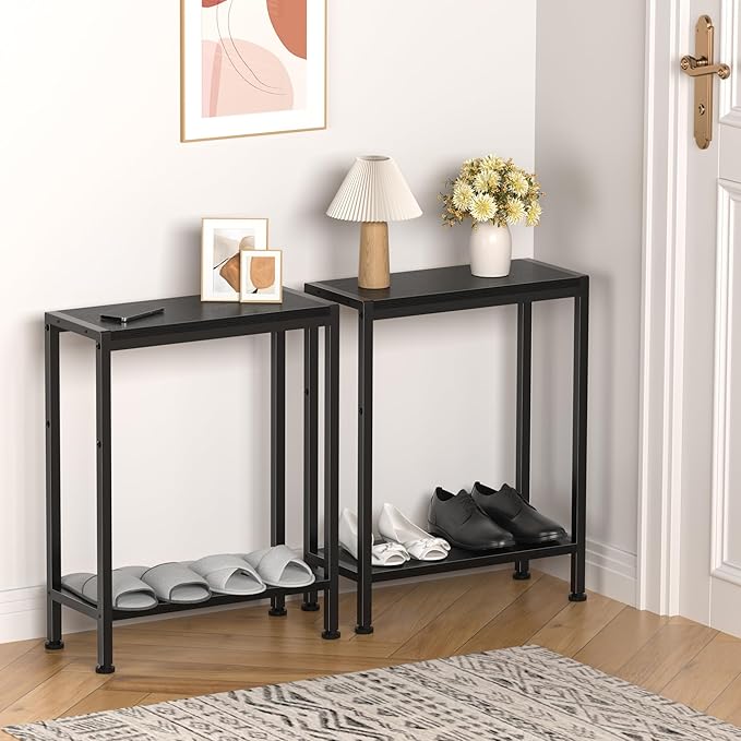 Narrow Side Table for Small Space Set of 2,2-Tier Small End Table with Shelf Holder, Slim Nightstand, Skinny Snack Couch Table in Living Room, Bedroom, Study, Kitchen and Balcony（Black