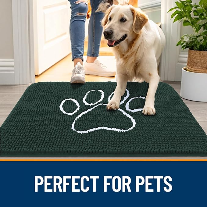 OLANLY Door Mat for Muddy Dog Paws 30x20, Absorbent Chenille Mud Doormat with Paw Print Design, Non-Slip Washable Doormat for Indoor Entryway, Quick-Dry Pet Bed Mats for Dirty Dogs, Blackish Green