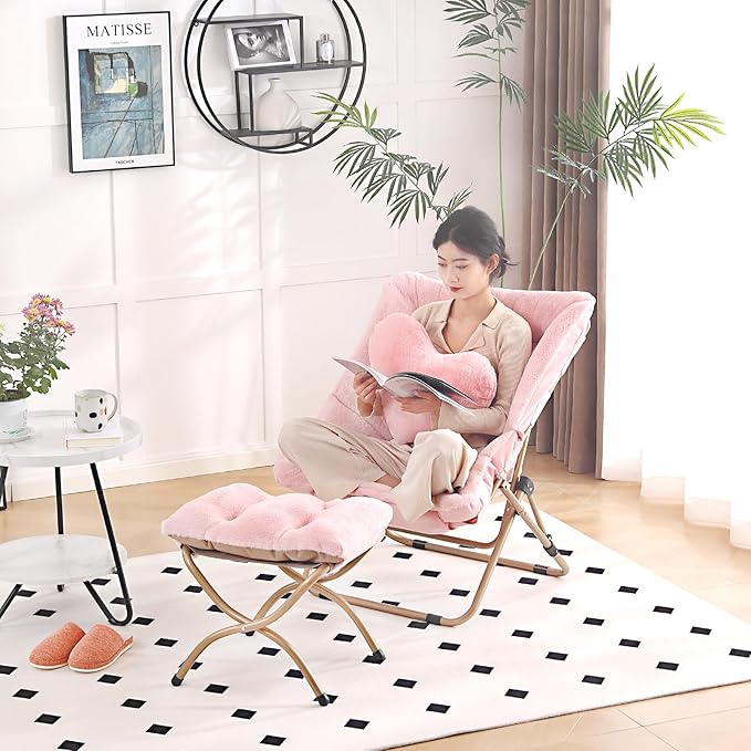 Comfy Saucer Chair with Ottoman, Oversized Folding Faux Fur Chair Soft Furry Lounge Lazy Chair with Metal Frame Moon Chair Accent Chair for Bedroom, Living Room, Dorm Rooms