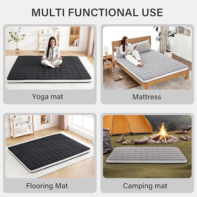 Welnow Japanese Futon Floor Mattress, Queen Size Thick Tatami Mat Portable & Foldable Roll Up Floor Bed Mattress with Storage Bag, Sleeping Pad for Adults, Dorm, Guest Bed, Camping and Travel, Grey
