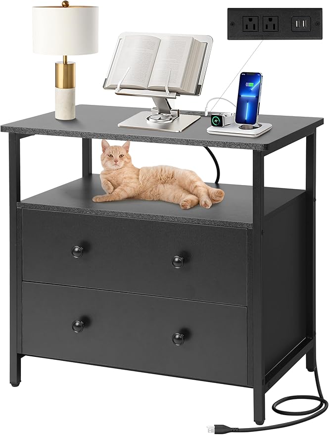 27 inch Wide Nightstand with Charging Station, Bedside Table with Open Shelf, 2 Drawers Small Wood Dresser, End Side Table for Bedroom (Black)