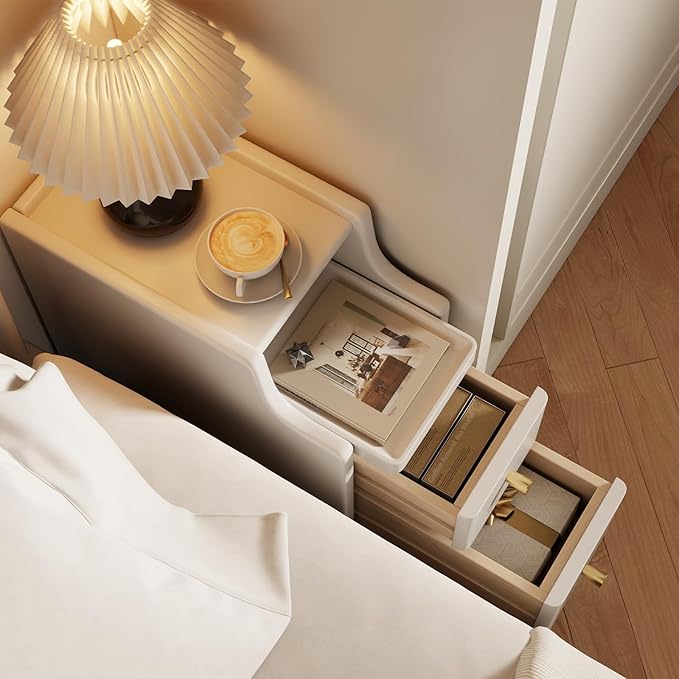 Small Nightstand with Drawers, Solid Wood Bedside Table, Narrow White Nightstand for Bedroom