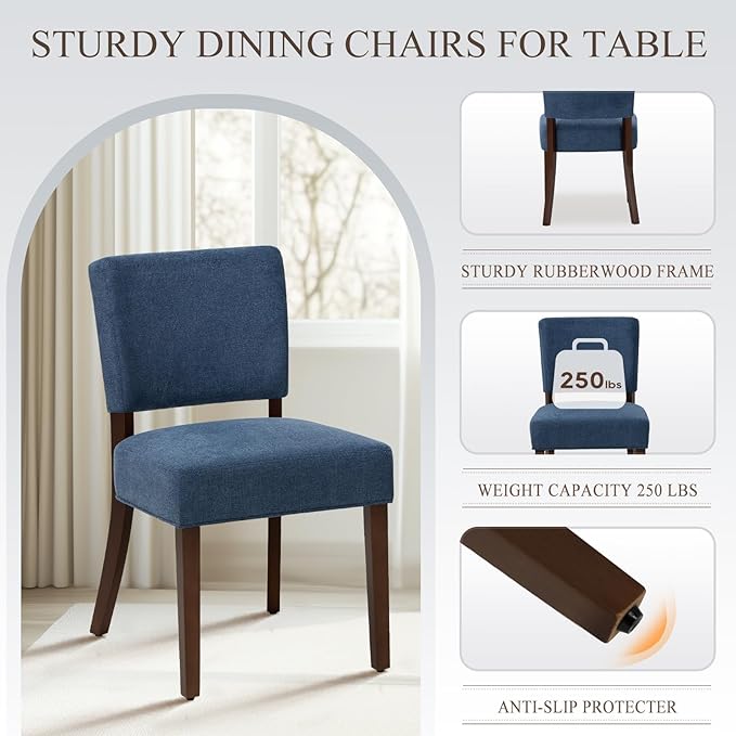 COLAMY Mid Century Modern Dining Chairs Set of 2, Upholstered Kitchen Chairs with Back, Farmhouse Fabric Side Dining Room Chairs with Wood Legs for Dining Room Kitchen Restaurant, Blue