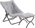 Tiita Folded Chair with Ottoman, Soft Faux Fur Oversized Folding Accent Chair,Lounge Lazy Chair, Metal Frame Moon Chair for Bedroom, Living Room, Dorm Rooms, Garden and Courtyard