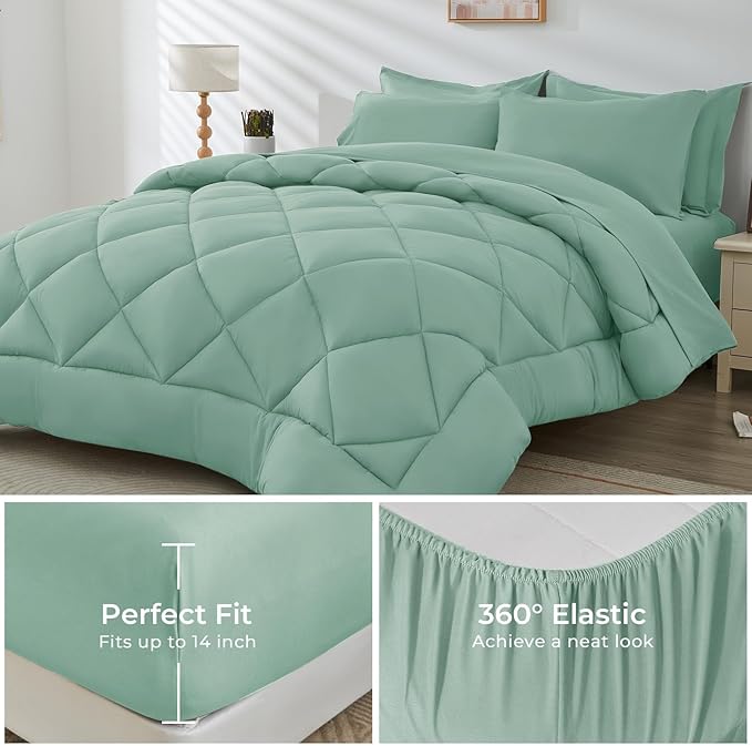HEVUMYI Sage Green Queen Comforter Set - 7-Piece All Season Bed in a Bag Queen, Ultra Soft Bedding Set with Comforter, Flat Sheet, Fitted Sheet, Pillowcases, Pillow Shams, Sage Green