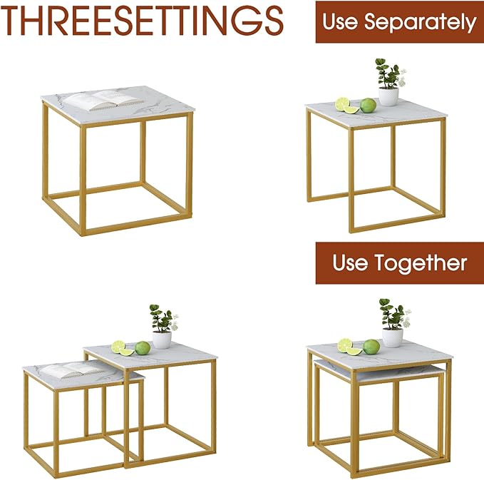 Garden 4 you Coffee Table Set of 2, Modern Engineered Wood Nesting Table, Metal Frame Square Center Table Set, Side Tables, Nesting Coffee Table for Living Room, Bedroom and Small Spaces, 23.6in Gold