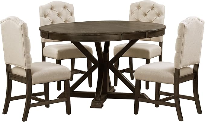 Merax 5-Piece Retro Style Dining Room Set with Extendable Table and 4 Upholstered Chairs, Family Kitchen Functional Furniture, Espresso